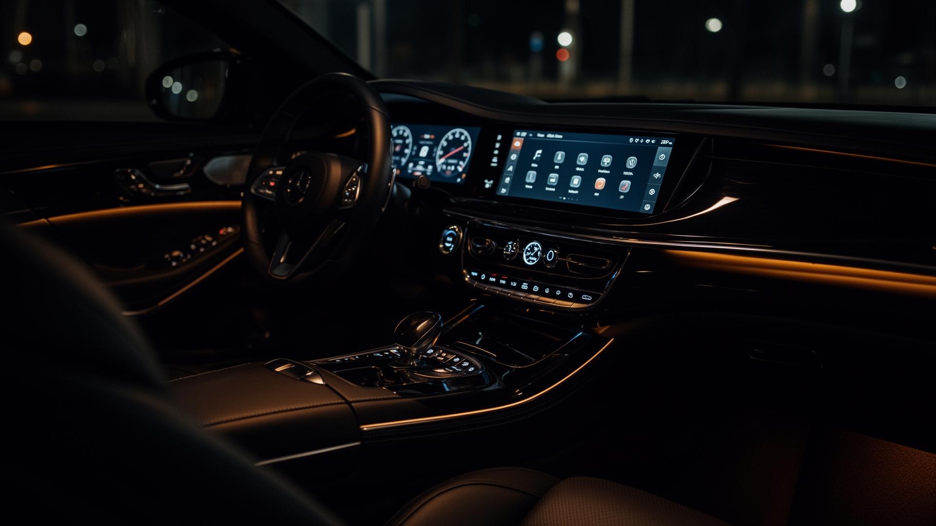 Premium car interior with illuminated dashboard